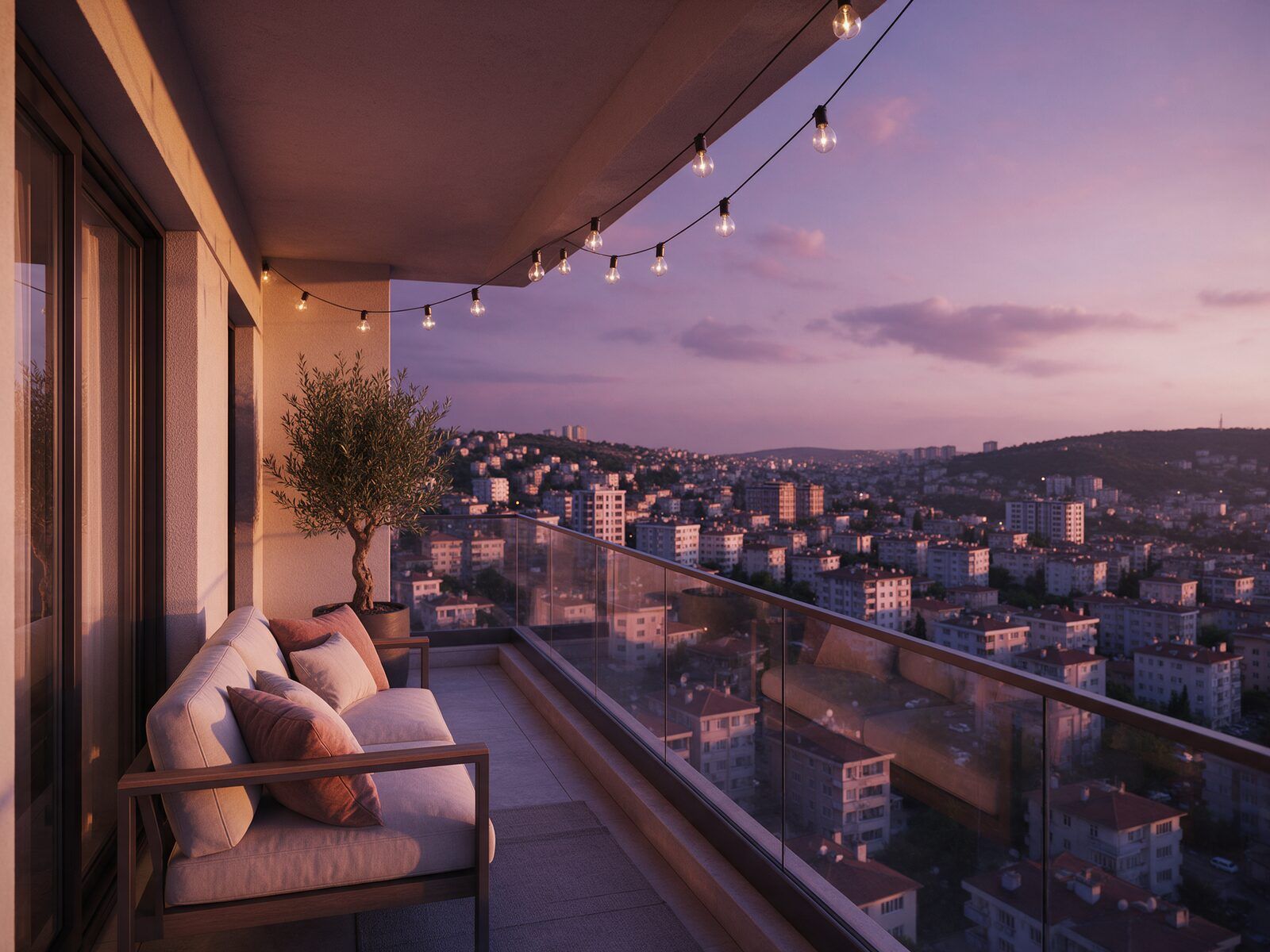 Gün batımında şehir manzaralı geniş balkon, dış mekân koltuğu ve zeytin ağacı