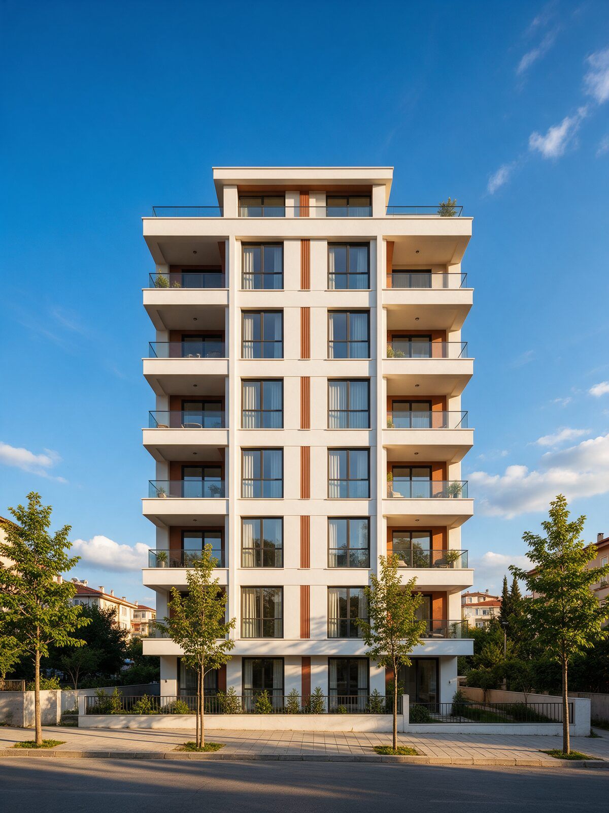 Yeni yapılmış yedi katlı beyaz apartman, derin balkonlar