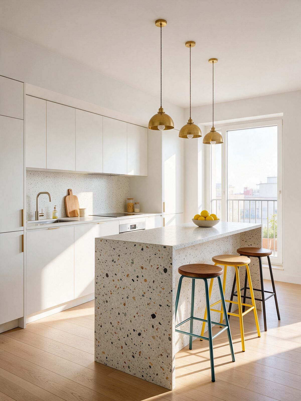 Terrazzo adalı beyaz mutfak, pirinç sarkıt lambalar