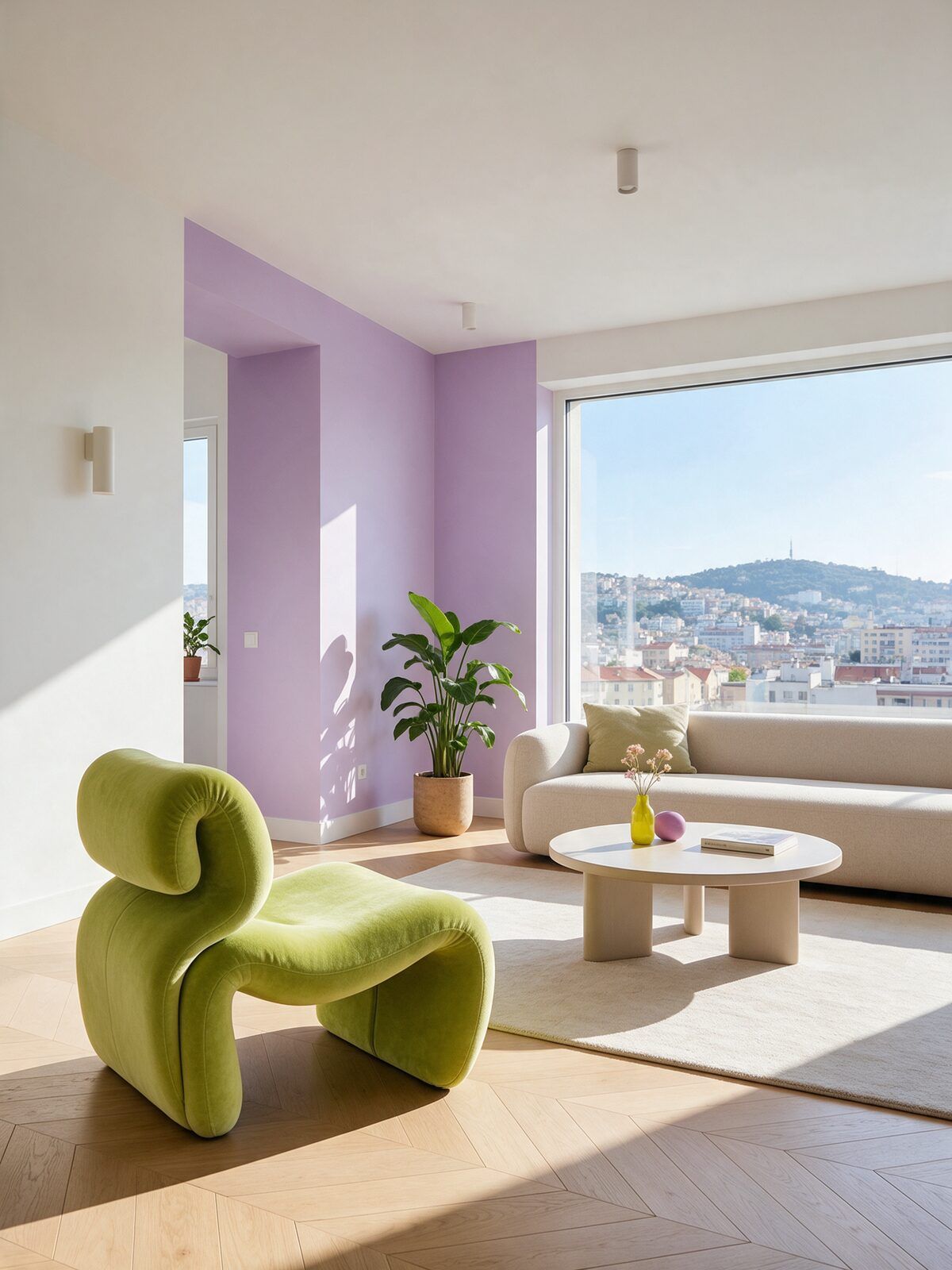 Lila duvarlı aydınlık salon, yeşil kadife koltuk